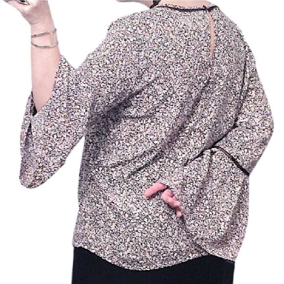 LOFT Pink Black Floral Crochet Trim Long Bell Sleeves Boho Blouse Large - Picture 11 of 13